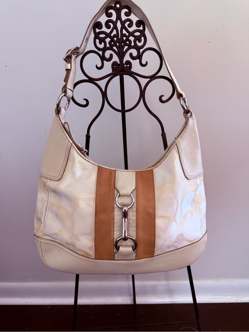 Coach Cream & Tan Signature Leather-Trim Hobo